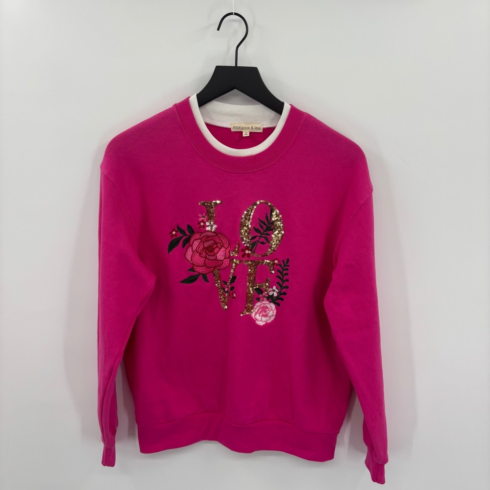 Margaux & Lexi LOVE Sweatshirt‎ Womens Small Hot Pink Floral Sequin Comfortcore